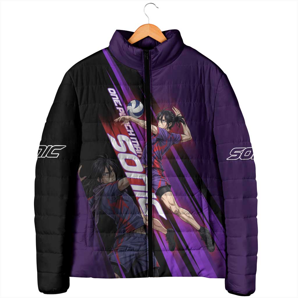 Personalized Sonic Volleyball Design Padded Jacket with Purple and Black Athletic Theme and Agile Jump Pose