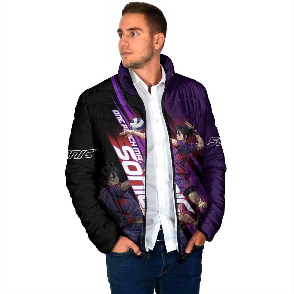 Personalized Sonic Volleyball Design Padded Jacket with Purple and Black Athletic Theme and Agile Jump Pose