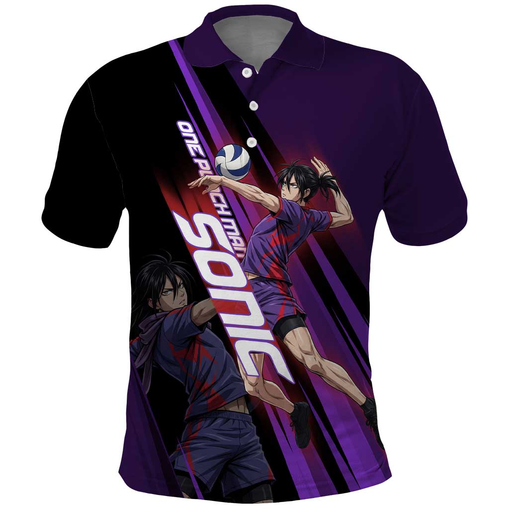 Personalized Sonic Volleyball Design Polo Shirt with Purple and Black Athletic Theme and Agile Jump Pose
