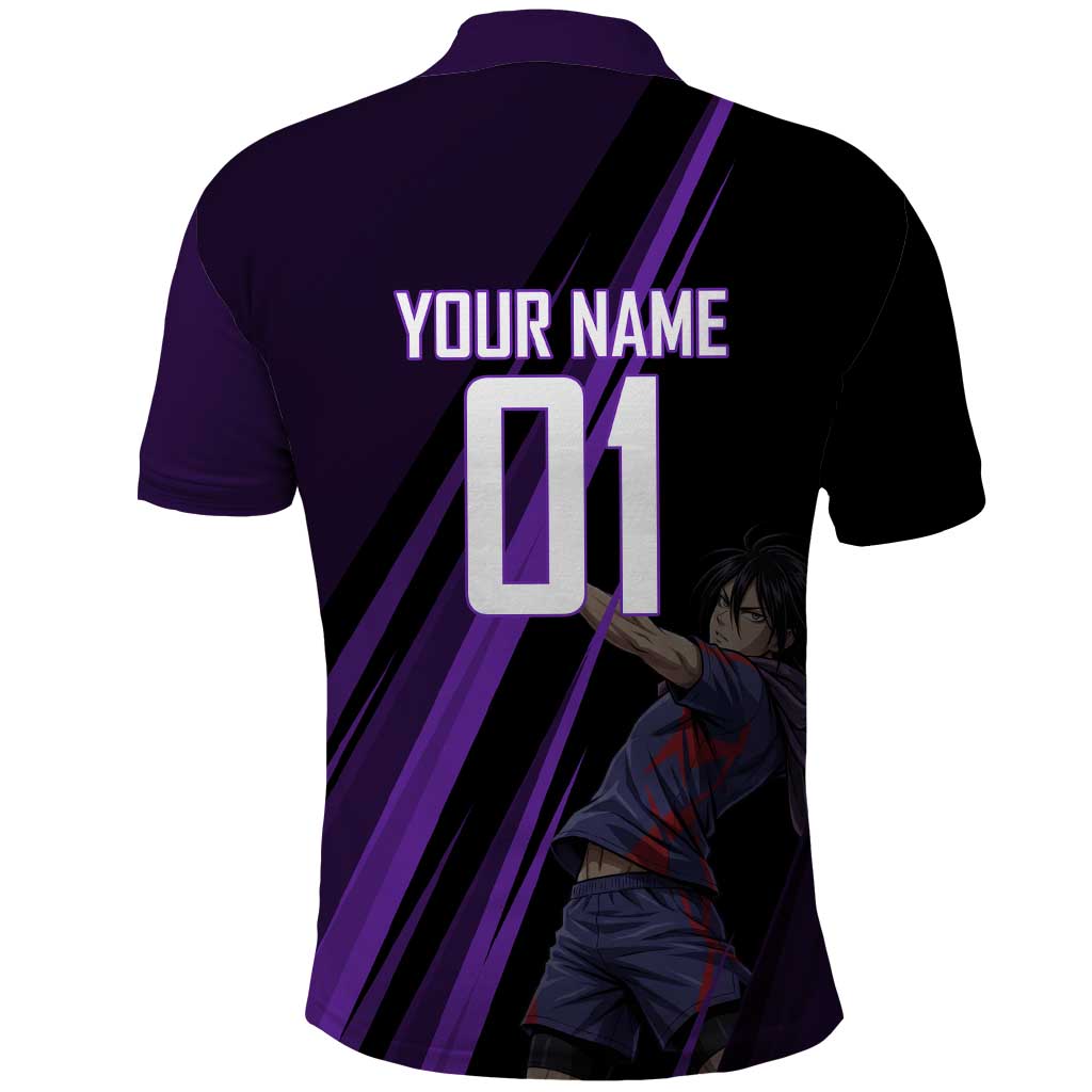 Personalized Sonic Volleyball Design Polo Shirt with Purple and Black Athletic Theme and Agile Jump Pose