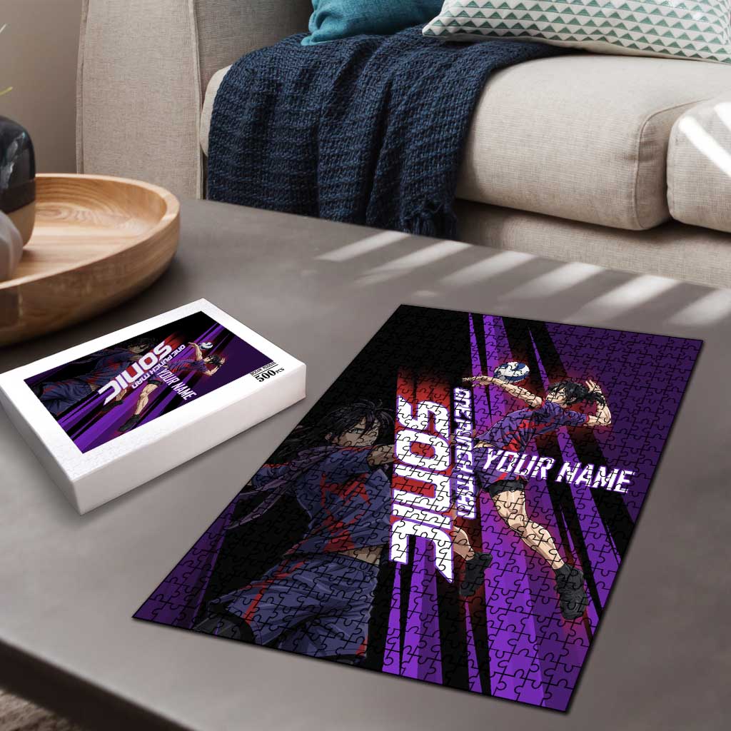 Personalized Sonic Volleyball Design Puzzle with Purple and Black Athletic Theme and Agile Jump Pose