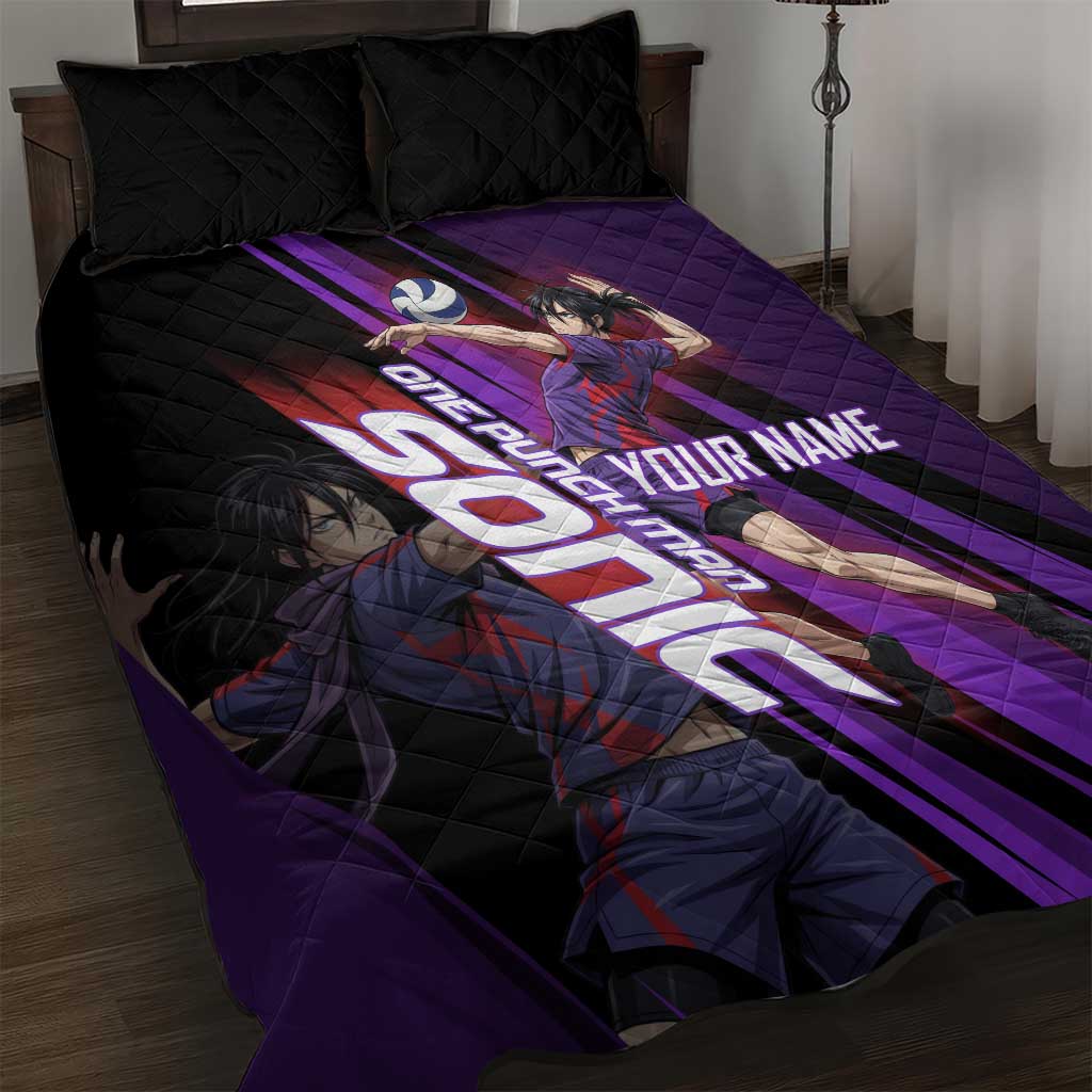 Personalized Sonic Volleyball Design Quilt Bed Set with Purple and Black Athletic Theme and Agile Jump Pose