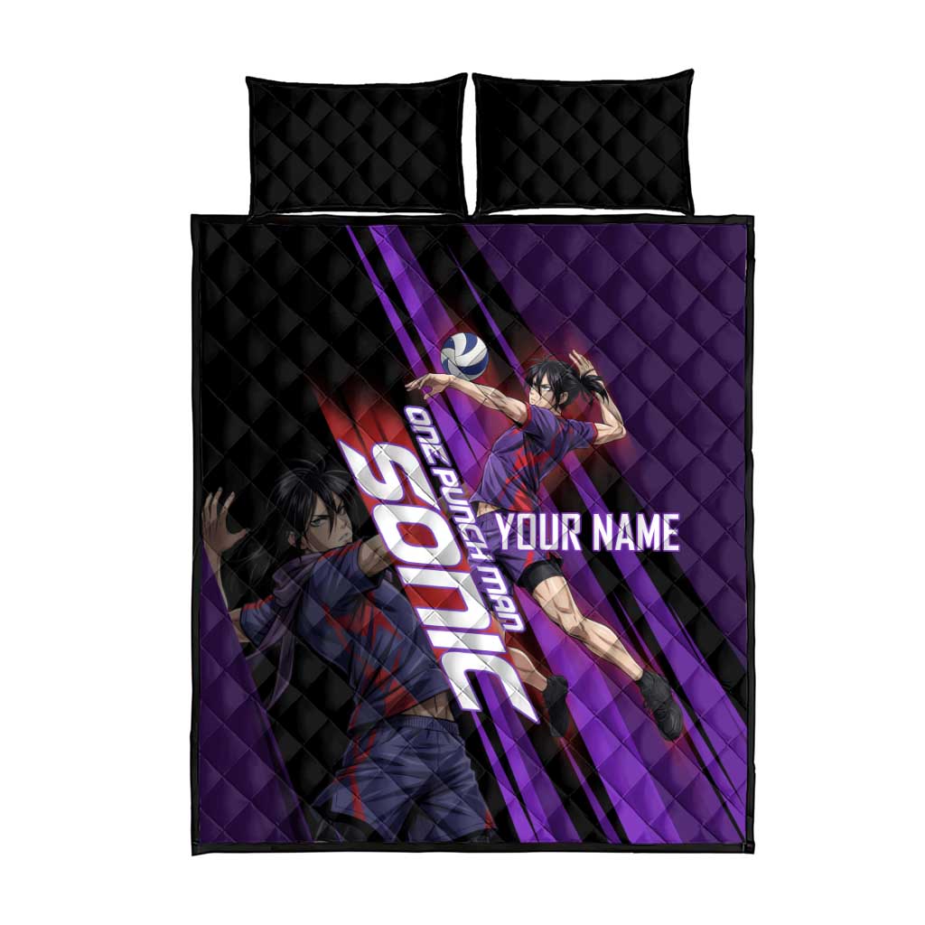Personalized Sonic Volleyball Design Quilt Bed Set with Purple and Black Athletic Theme and Agile Jump Pose