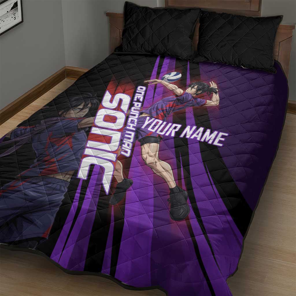 Personalized Sonic Volleyball Design Quilt Bed Set with Purple and Black Athletic Theme and Agile Jump Pose