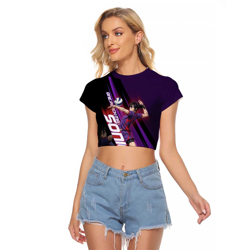 Personalized Sonic Volleyball Design Raglan Cropped T Shirt with Purple and Black Athletic Theme and Agile Jump Pose