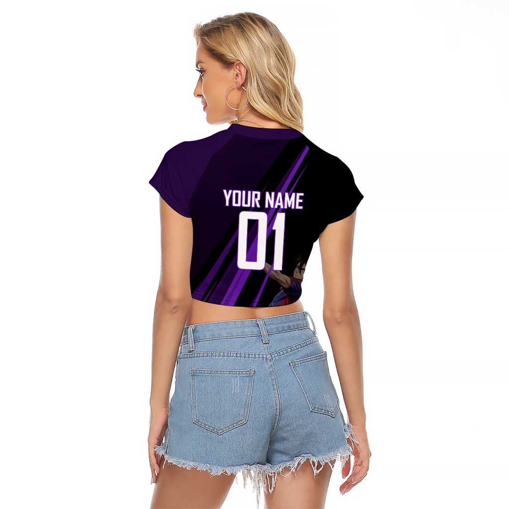 Personalized Sonic Volleyball Design Raglan Cropped T Shirt with Purple and Black Athletic Theme and Agile Jump Pose