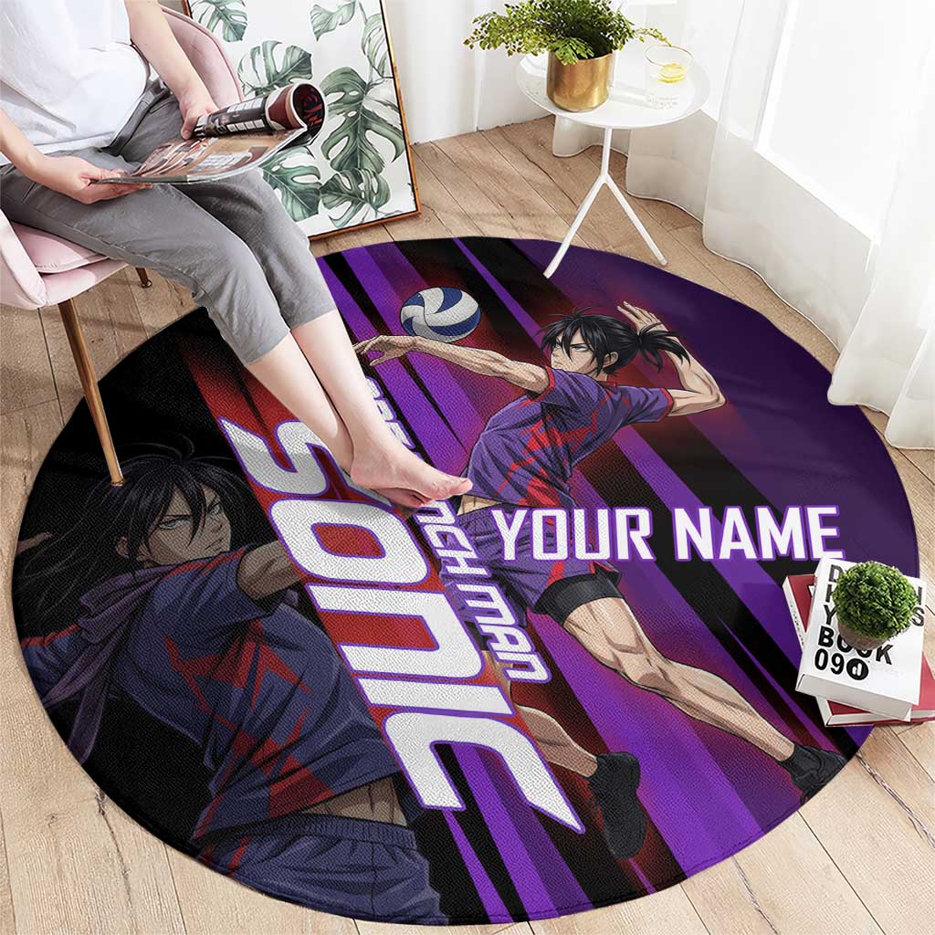 Personalized Sonic Volleyball Design Round Carpet with Purple and Black Athletic Theme and Agile Jump Pose