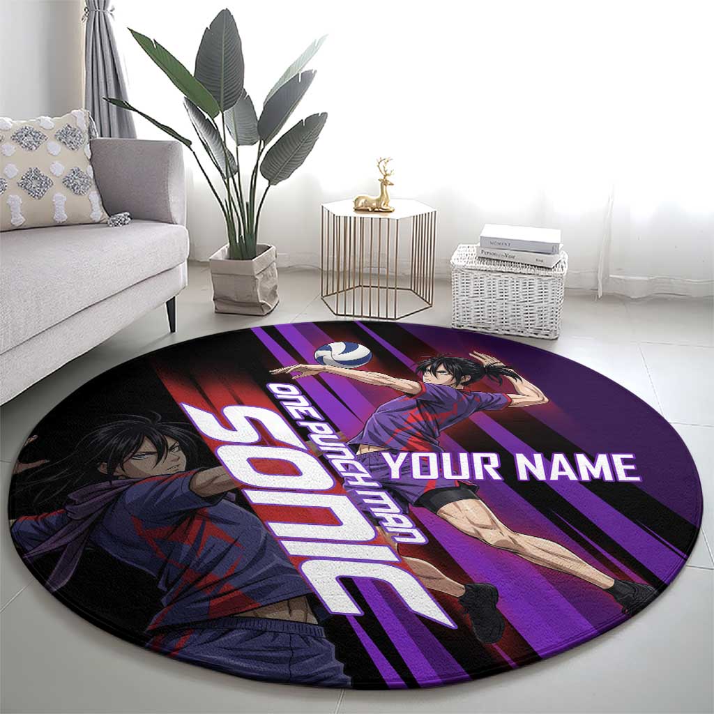 Personalized Sonic Volleyball Design Round Carpet with Purple and Black Athletic Theme and Agile Jump Pose