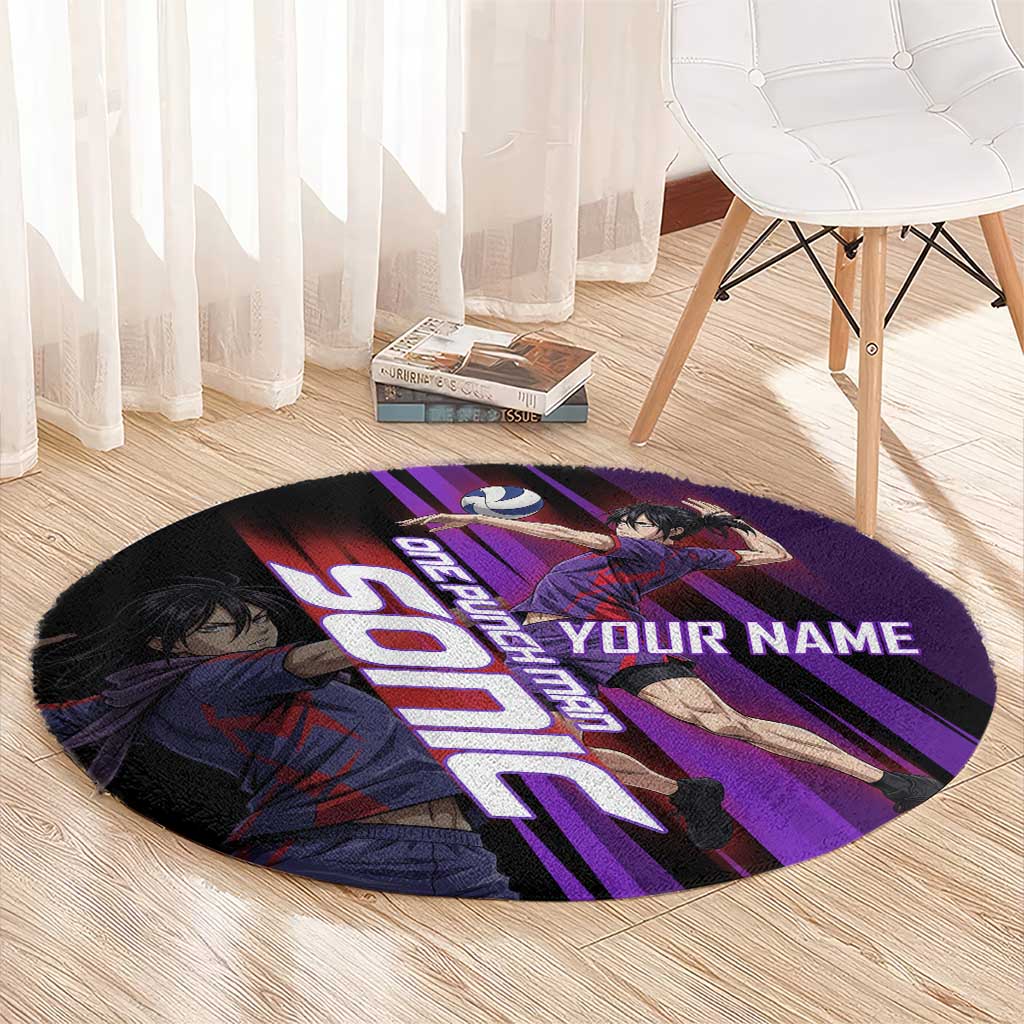 Personalized Sonic Volleyball Design Round Carpet with Purple and Black Athletic Theme and Agile Jump Pose