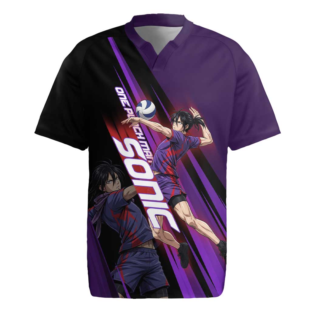 Personalized Sonic Volleyball Design Rugby Jersey with Purple and Black Athletic Theme and Agile Jump Pose
