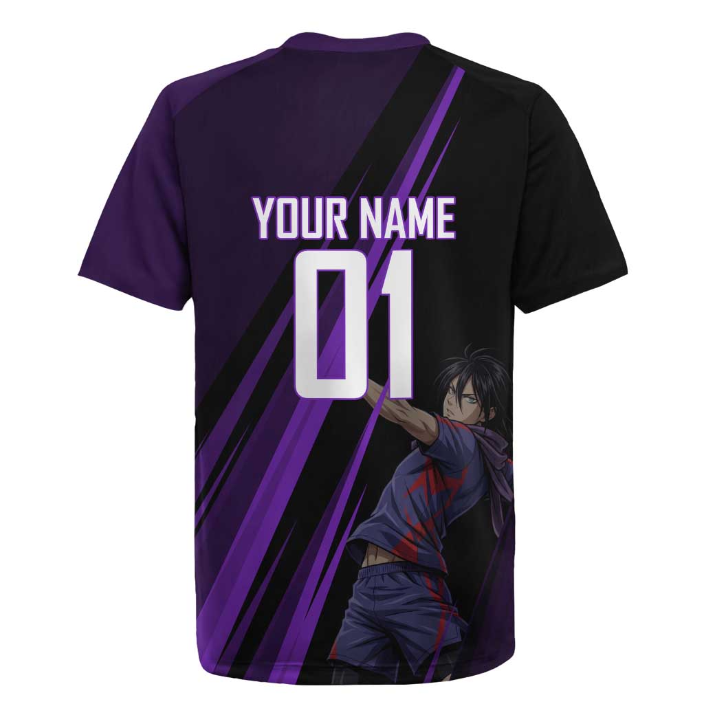 Personalized Sonic Volleyball Design Rugby Jersey with Purple and Black Athletic Theme and Agile Jump Pose