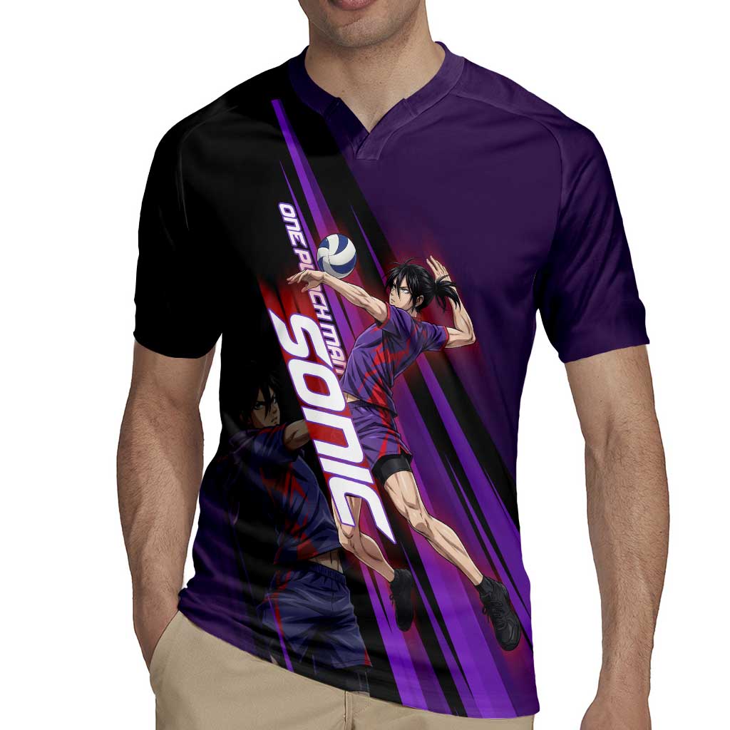 Personalized Sonic Volleyball Design Rugby Jersey with Purple and Black Athletic Theme and Agile Jump Pose