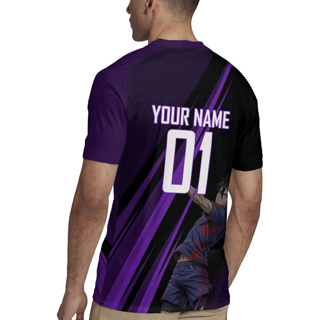 Personalized Sonic Volleyball Design Rugby Jersey with Purple and Black Athletic Theme and Agile Jump Pose