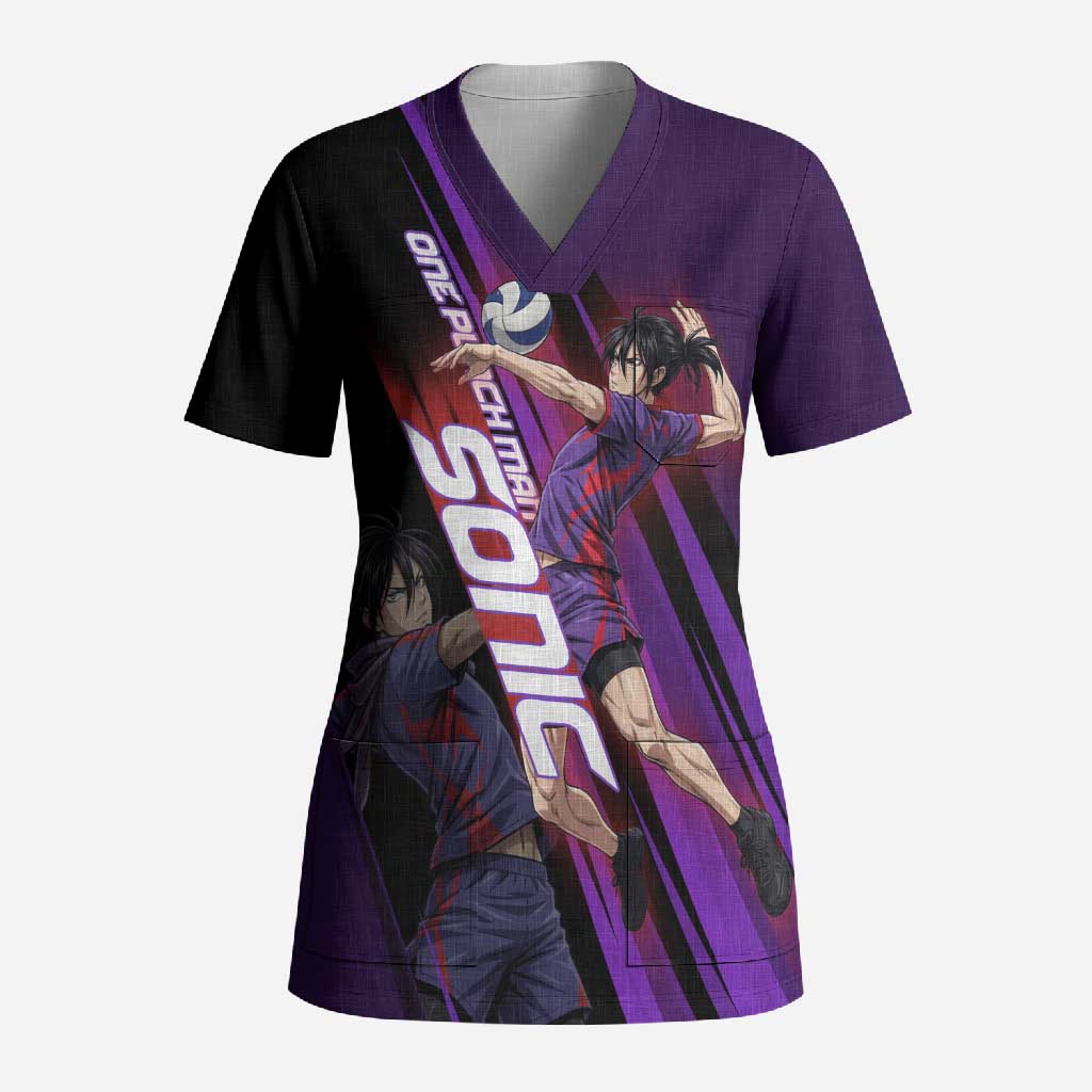 Personalized Sonic Volleyball Design Scrub Top with Purple and Black Athletic Theme and Agile Jump Pose