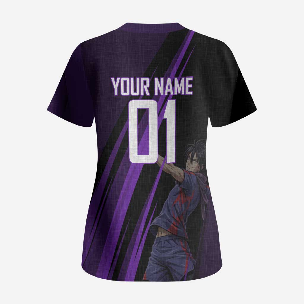 Personalized Sonic Volleyball Design Scrub Top with Purple and Black Athletic Theme and Agile Jump Pose