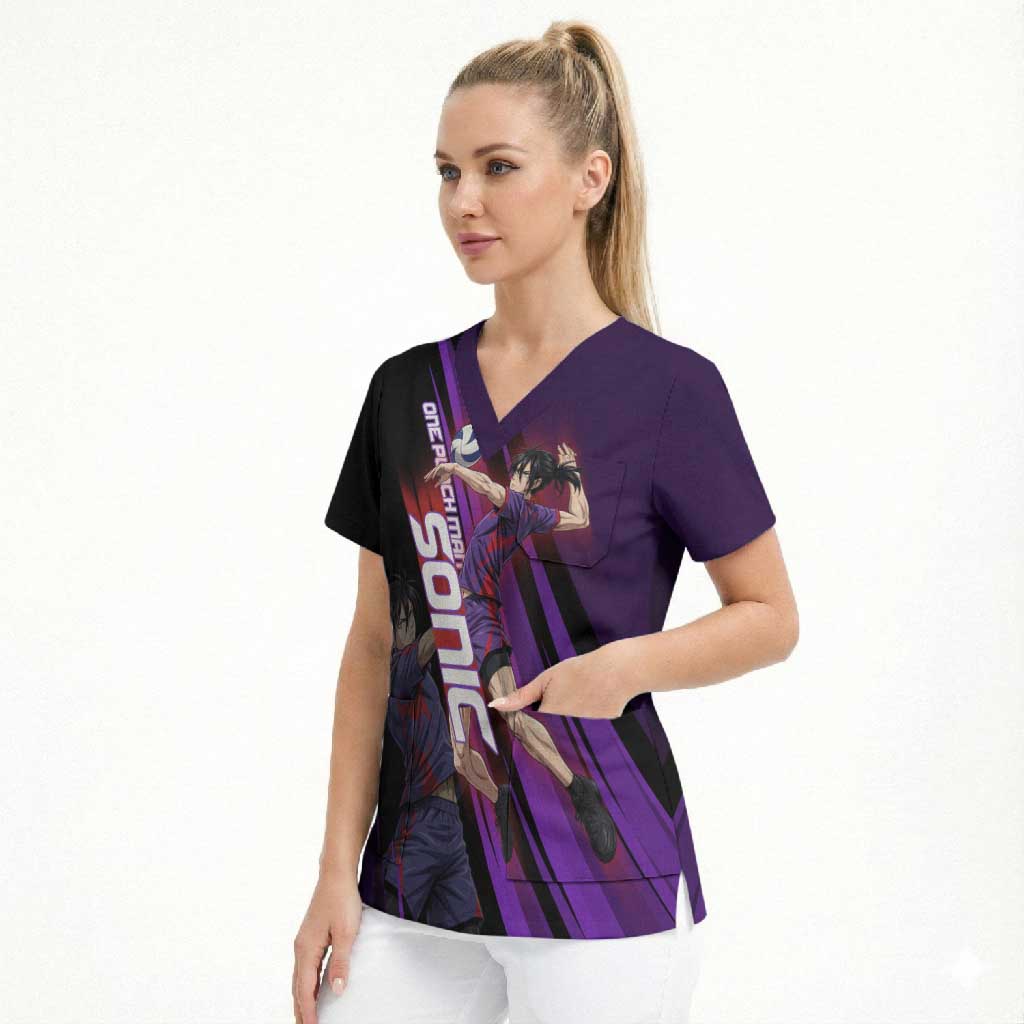 Personalized Sonic Volleyball Design Scrub Top with Purple and Black Athletic Theme and Agile Jump Pose