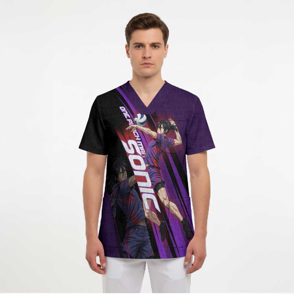 Personalized Sonic Volleyball Design Scrub Top with Purple and Black Athletic Theme and Agile Jump Pose