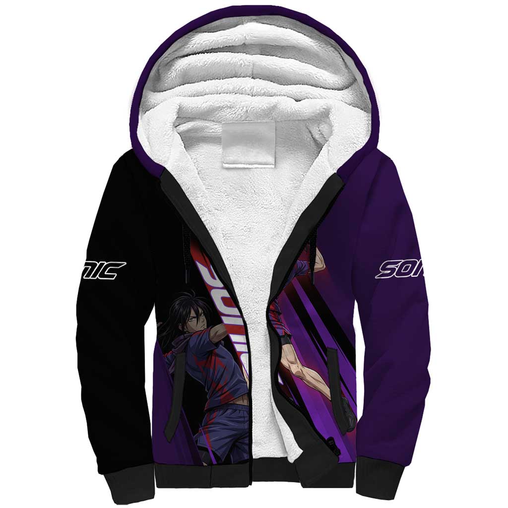 Personalized Sonic Volleyball Design Sherpa Hoodie with Purple and Black Athletic Theme and Agile Jump Pose