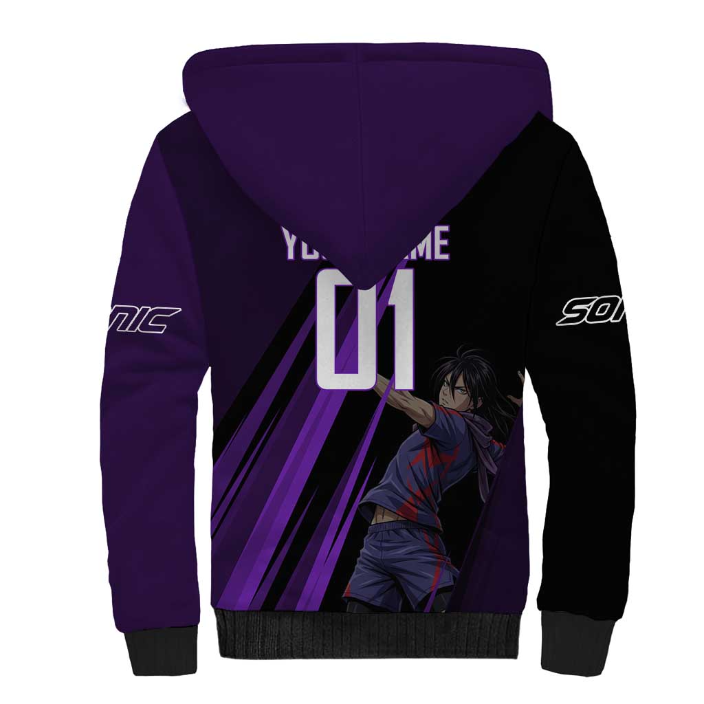 Personalized Sonic Volleyball Design Sherpa Hoodie with Purple and Black Athletic Theme and Agile Jump Pose