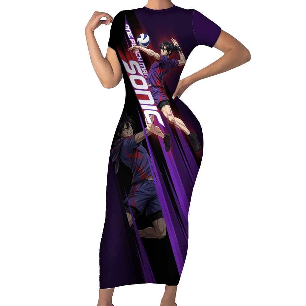 Personalized Sonic Volleyball Design Short Sleeve Bodycon Dress with Purple and Black Athletic Theme and Agile Jump Pose