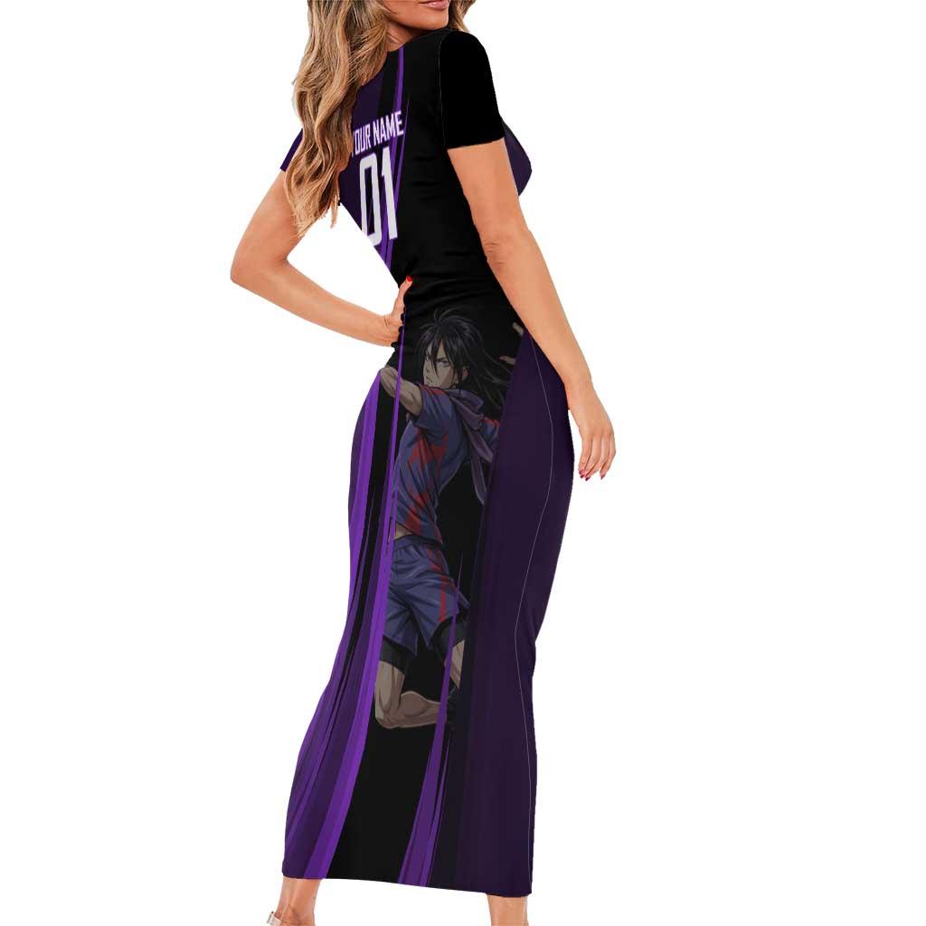 Personalized Sonic Volleyball Design Short Sleeve Bodycon Dress with Purple and Black Athletic Theme and Agile Jump Pose