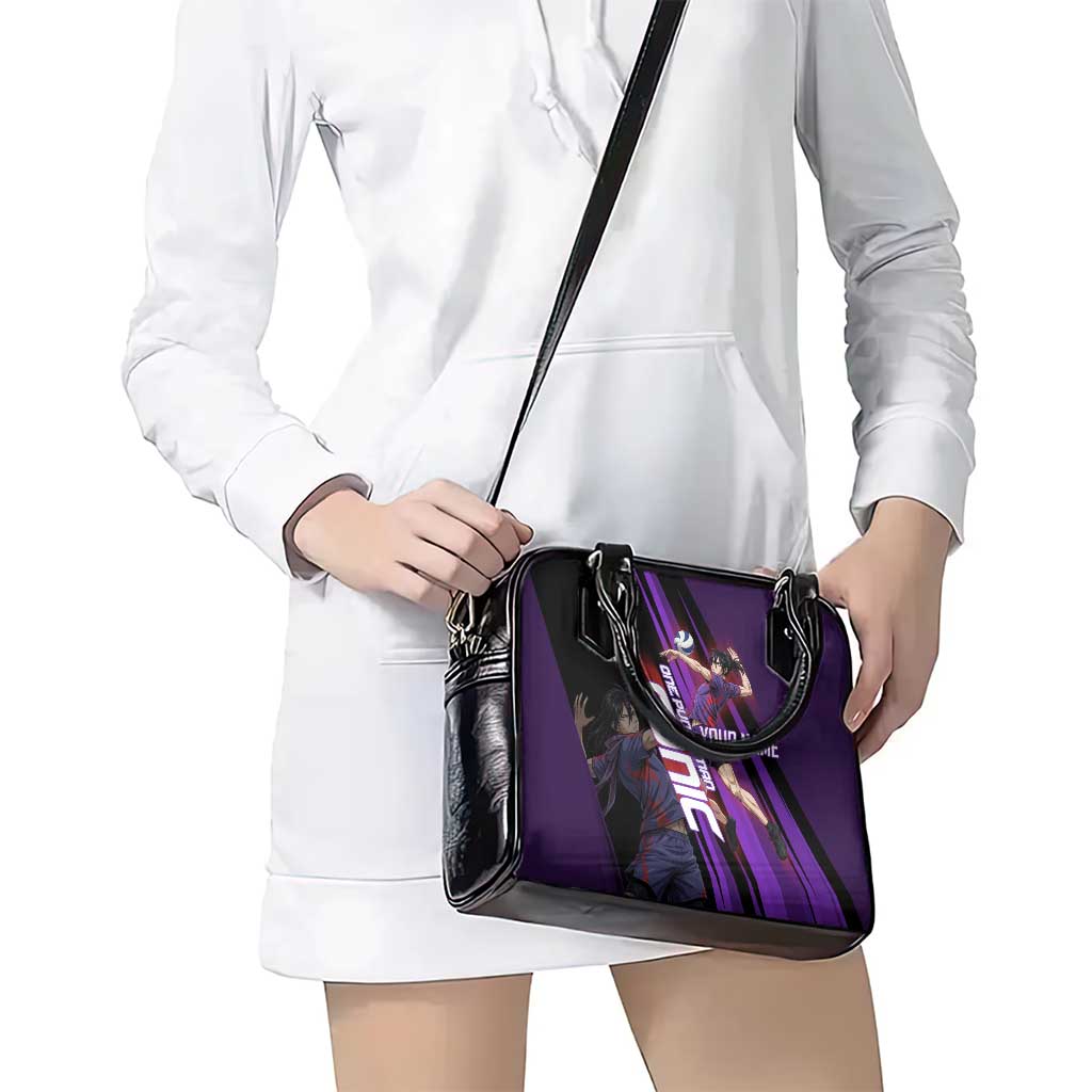 Personalized Sonic Volleyball Design Shoulder Handbag with Purple and Black Athletic Theme and Agile Jump Pose