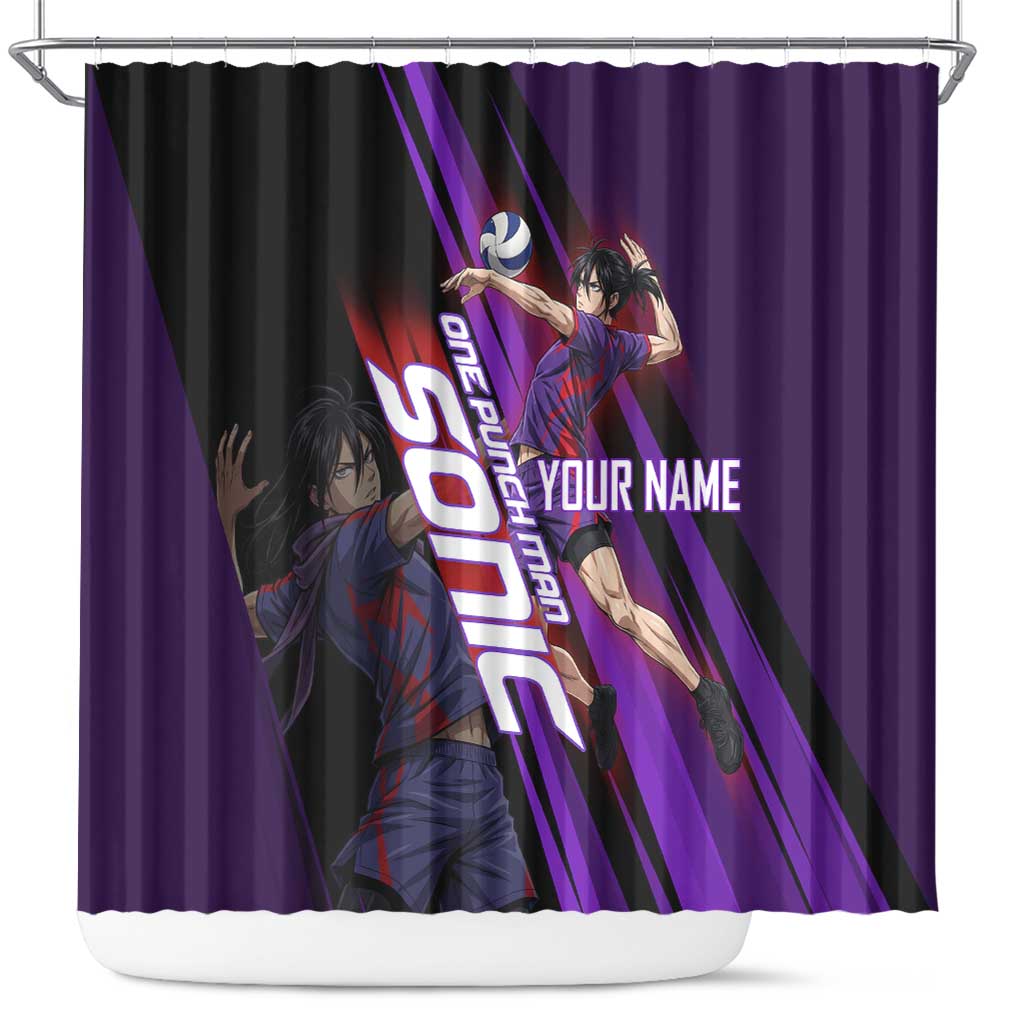 Personalized Sonic Volleyball Design Shower Curtain with Purple and Black Athletic Theme and Agile Jump Pose