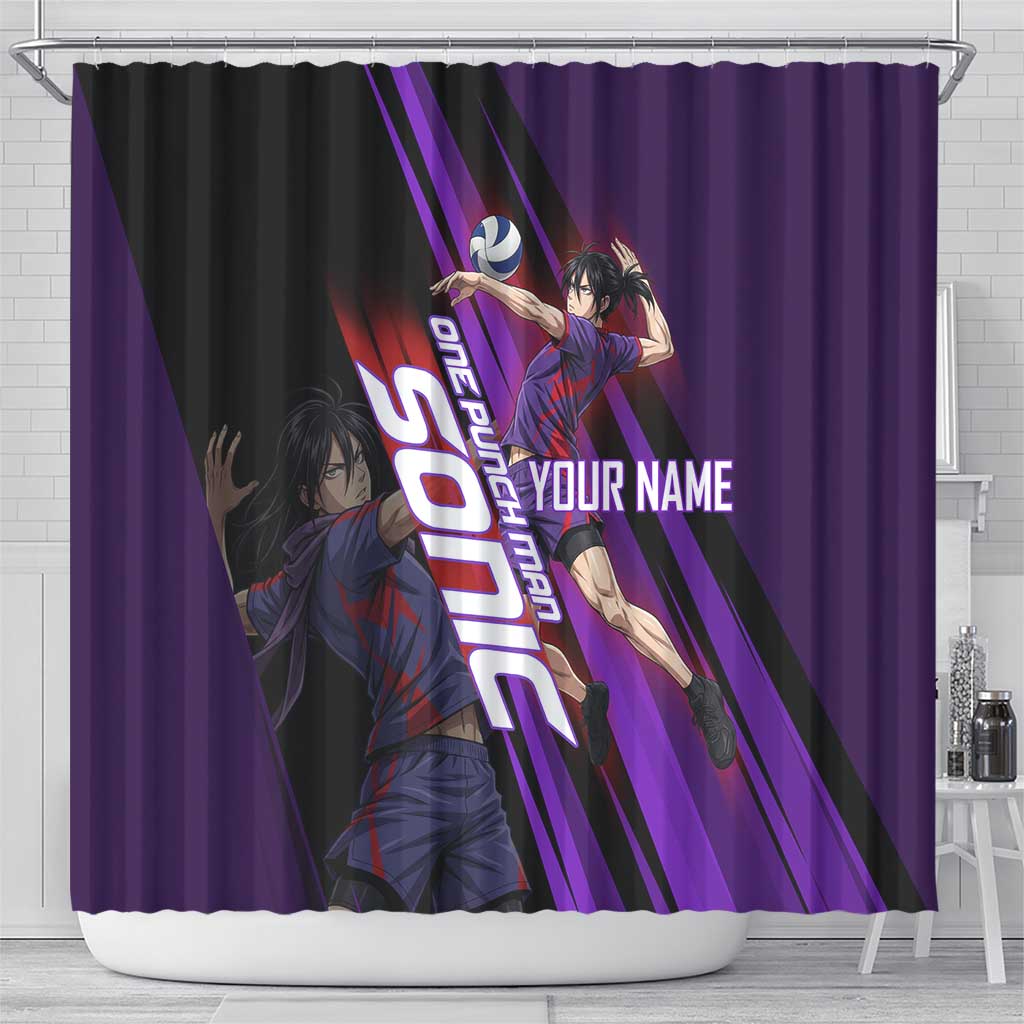 Personalized Sonic Volleyball Design Shower Curtain with Purple and Black Athletic Theme and Agile Jump Pose