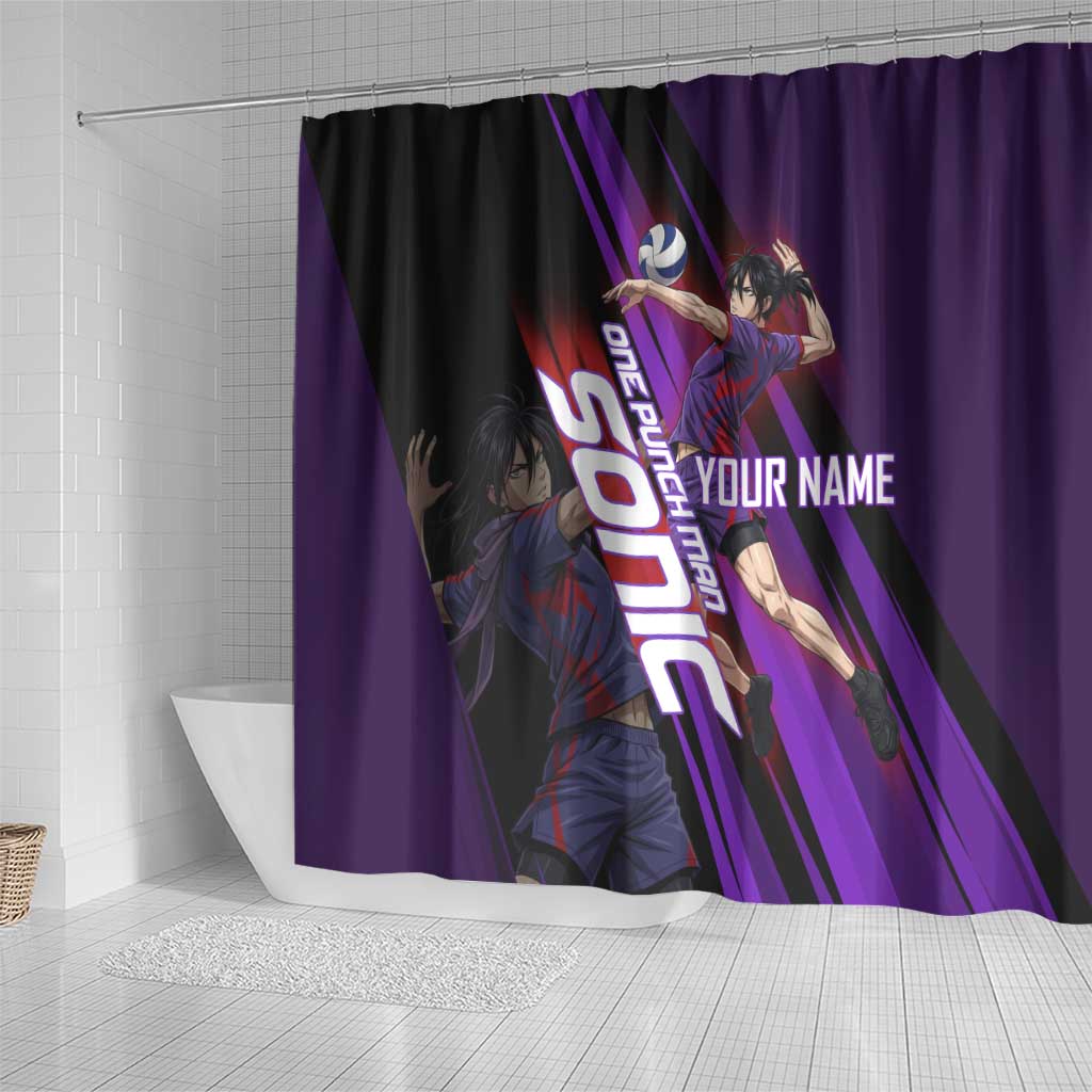 Personalized Sonic Volleyball Design Shower Curtain with Purple and Black Athletic Theme and Agile Jump Pose