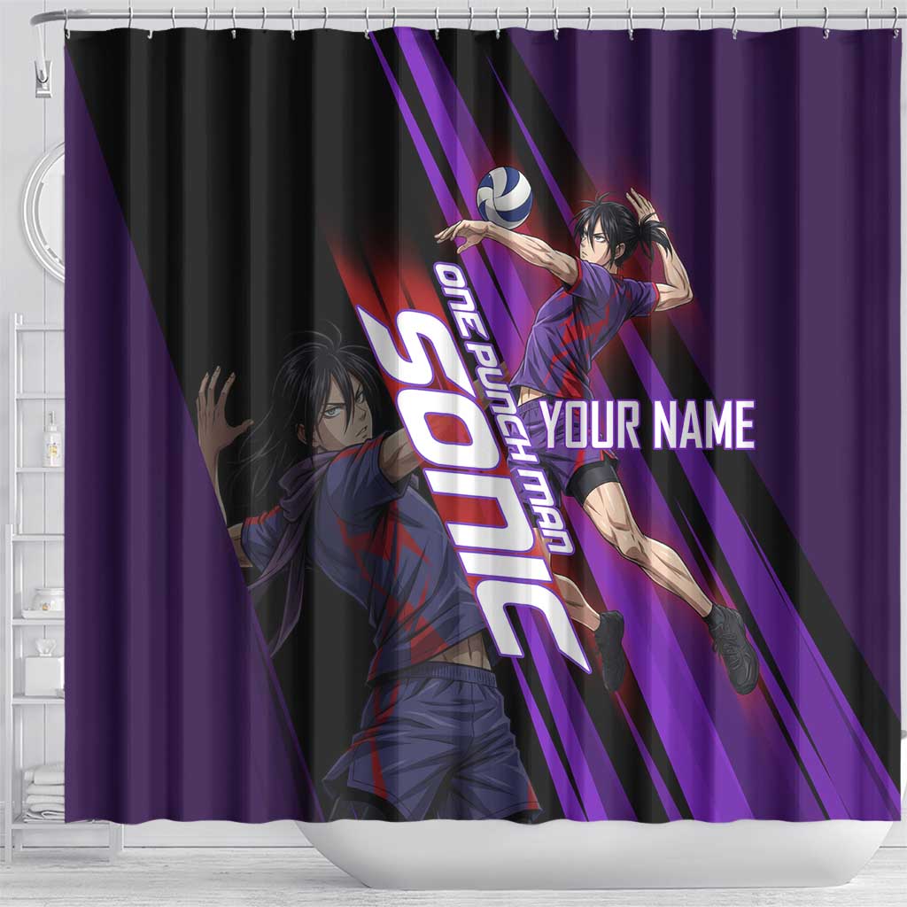 Personalized Sonic Volleyball Design Shower Curtain with Purple and Black Athletic Theme and Agile Jump Pose