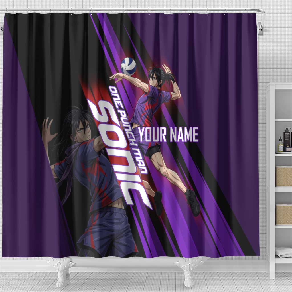 Personalized Sonic Volleyball Design Shower Curtain with Purple and Black Athletic Theme and Agile Jump Pose