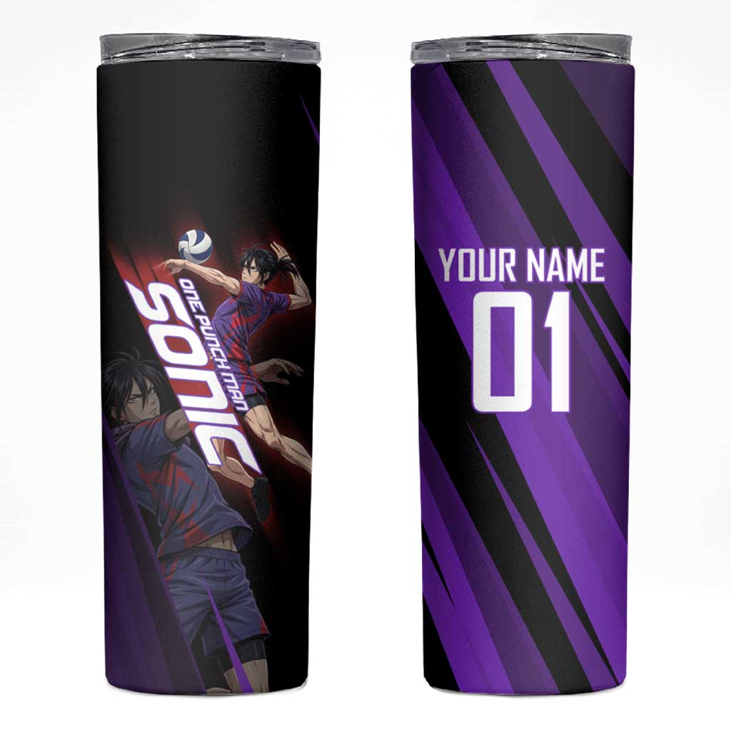 Personalized Sonic Volleyball Design Skinny Tumbler with Purple and Black Athletic Theme and Agile Jump Pose