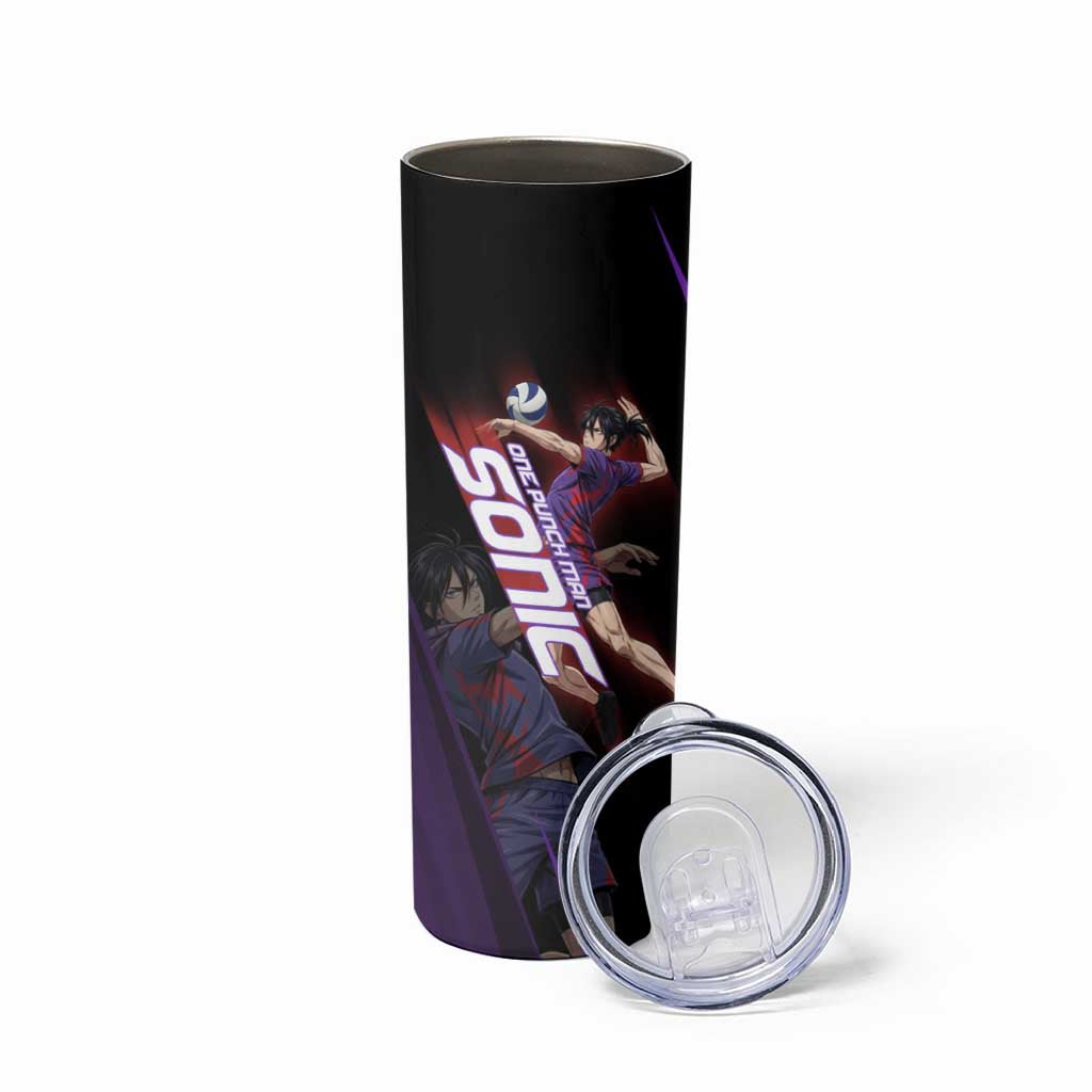 Personalized Sonic Volleyball Design Skinny Tumbler with Purple and Black Athletic Theme and Agile Jump Pose