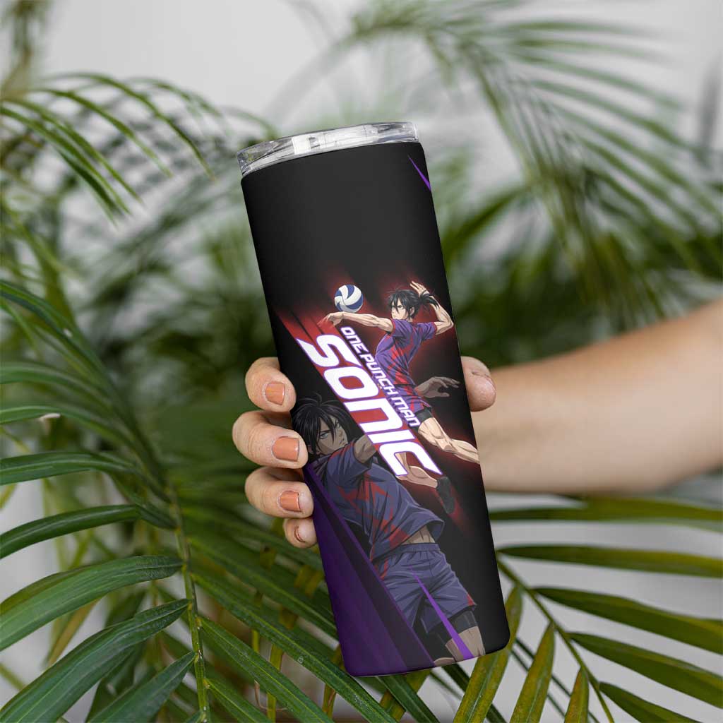 Personalized Sonic Volleyball Design Skinny Tumbler with Purple and Black Athletic Theme and Agile Jump Pose