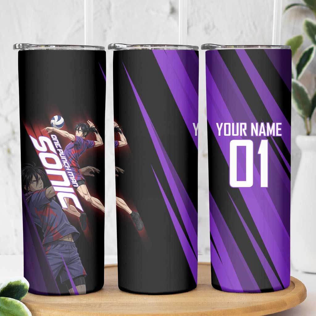 Personalized Sonic Volleyball Design Skinny Tumbler with Purple and Black Athletic Theme and Agile Jump Pose
