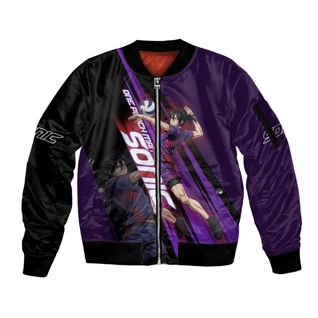 Personalized Sonic Volleyball Design Sleeve Zip Bomber Jacket with Purple and Black Athletic Theme and Agile Jump Pose