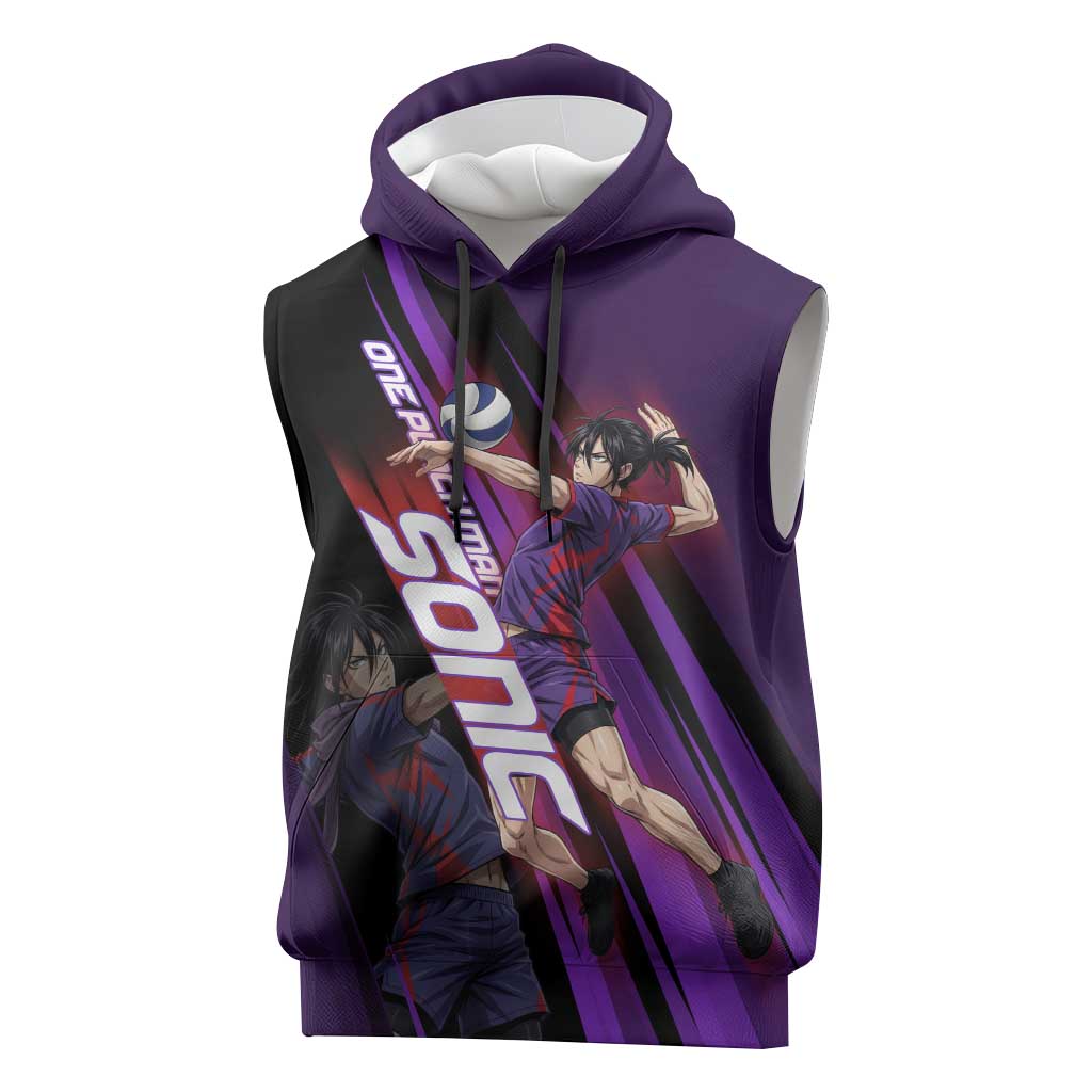 Personalized Sonic Volleyball Design Sleeveless Hoodie with Purple and Black Athletic Theme and Agile Jump Pose