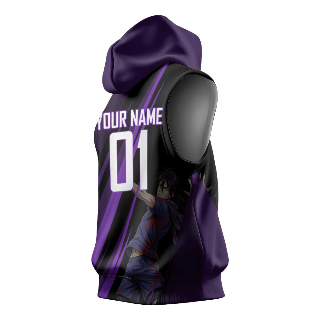 Personalized Sonic Volleyball Design Sleeveless Hoodie with Purple and Black Athletic Theme and Agile Jump Pose