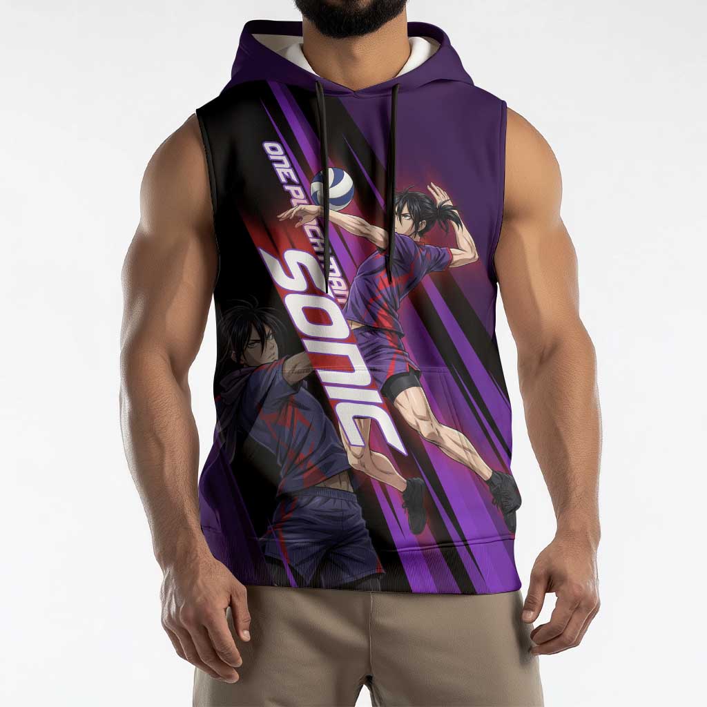 Personalized Sonic Volleyball Design Sleeveless Hoodie with Purple and Black Athletic Theme and Agile Jump Pose