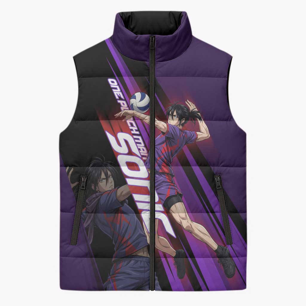 Personalized Sonic Volleyball Design Sleeveless Puffer Jacket with Purple and Black Athletic Theme and Agile Jump Pose