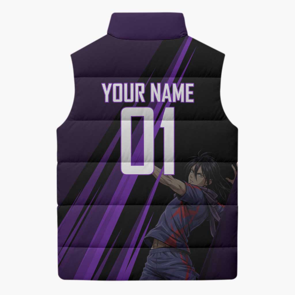 Personalized Sonic Volleyball Design Sleeveless Puffer Jacket with Purple and Black Athletic Theme and Agile Jump Pose