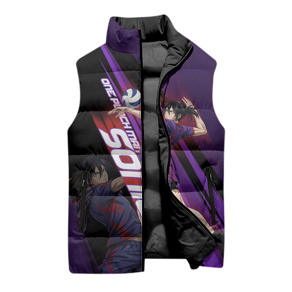 Personalized Sonic Volleyball Design Sleeveless Puffer Jacket with Purple and Black Athletic Theme and Agile Jump Pose
