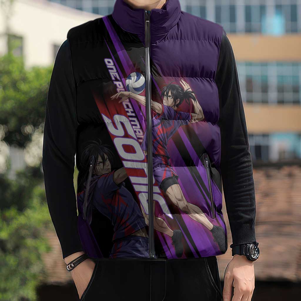 Personalized Sonic Volleyball Design Sleeveless Puffer Jacket with Purple and Black Athletic Theme and Agile Jump Pose