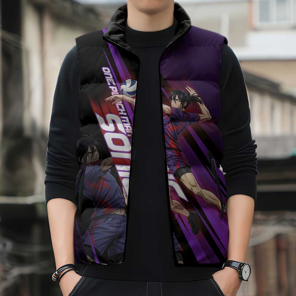 Personalized Sonic Volleyball Design Sleeveless Puffer Jacket with Purple and Black Athletic Theme and Agile Jump Pose