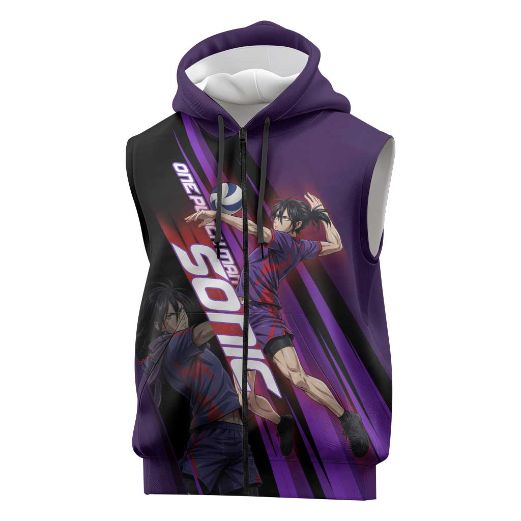 Personalized Sonic Volleyball Design Sleeveless Zip Hoodie with Purple and Black Athletic Theme and Agile Jump Pose