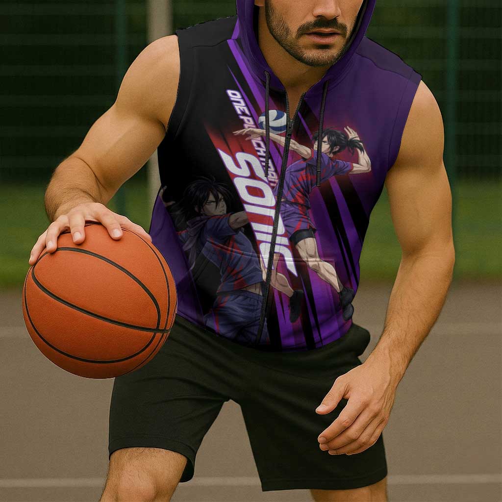 Personalized Sonic Volleyball Design Sleeveless Zip Hoodie with Purple and Black Athletic Theme and Agile Jump Pose