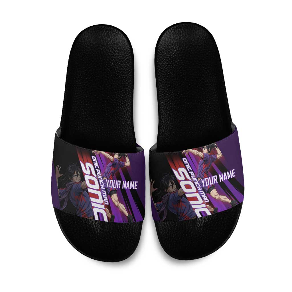 Personalized Sonic Volleyball Design Slide Sandals with Purple and Black Athletic Theme and Agile Jump Pose