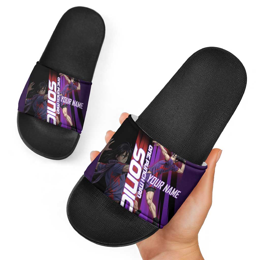 Personalized Sonic Volleyball Design Slide Sandals with Purple and Black Athletic Theme and Agile Jump Pose