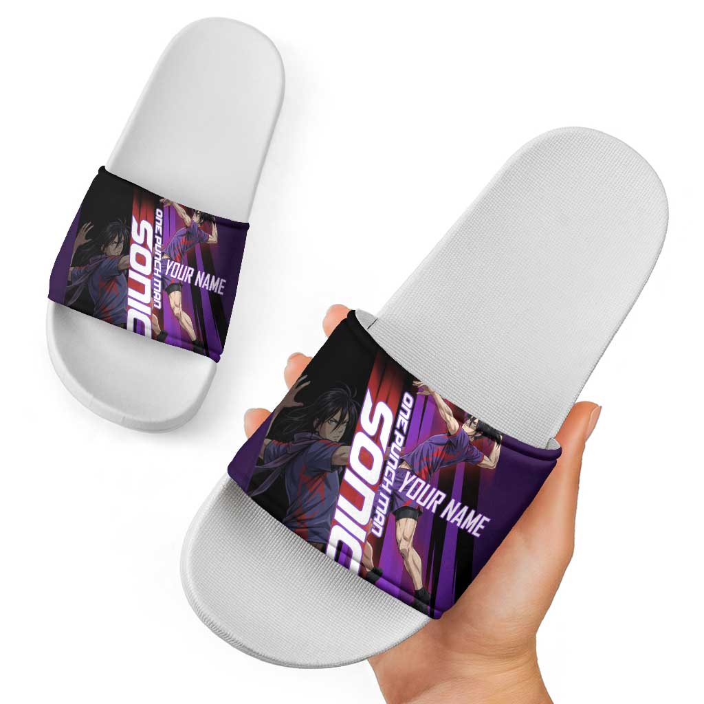 Personalized Sonic Volleyball Design Slide Sandals with Purple and Black Athletic Theme and Agile Jump Pose