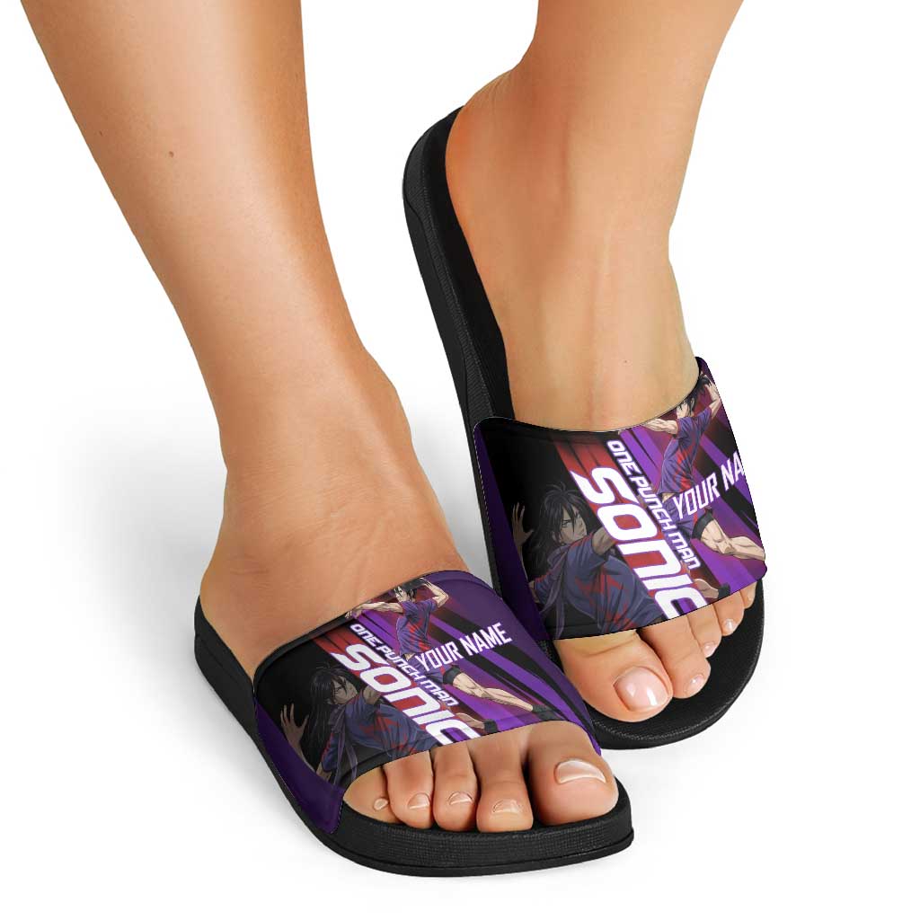 Personalized Sonic Volleyball Design Slide Sandals with Purple and Black Athletic Theme and Agile Jump Pose